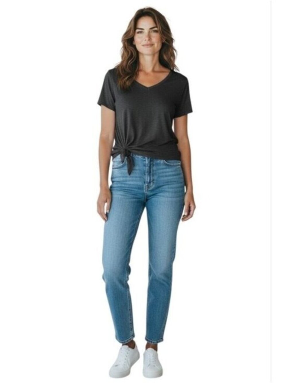Elan Burnout Side Tie V-neck Short Sleeve T-shirt In Black Sizes Small and Large